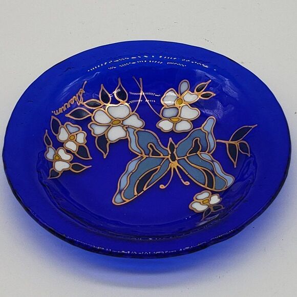 Signed Blue Cobalt Enameled Hand Painted Butterfly Floral Art Glass Trinket Dish - Picture 5 of 9